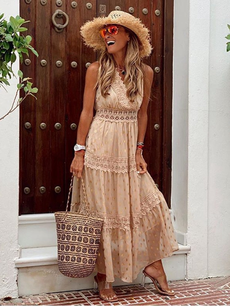 Damen V-Ausschnitt Boho Sommer Kleid