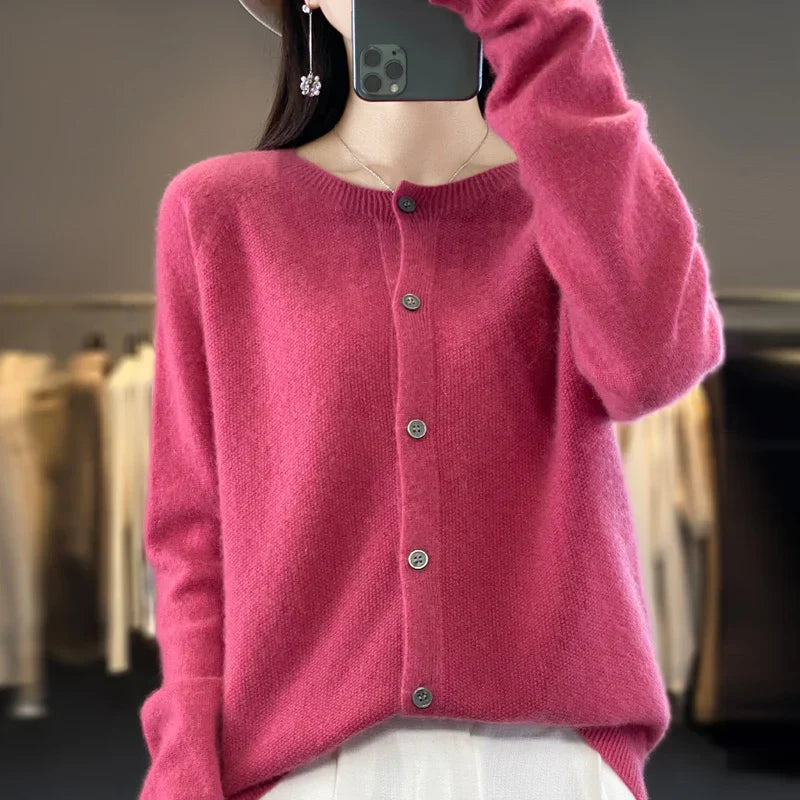 Damen Rundhals Knopfleiste Strick Cardigan