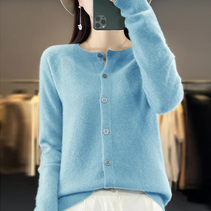 Damen Rundhals Knopfleiste Strick Cardigan