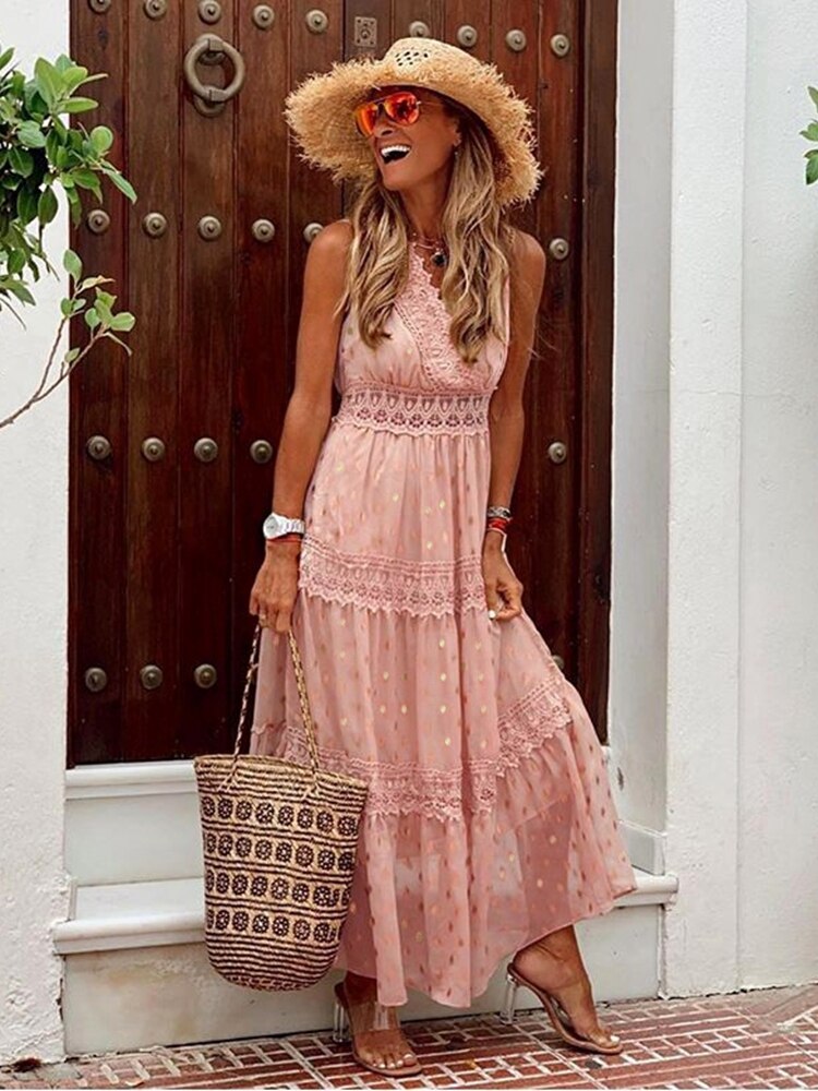 Damen V-Ausschnitt Boho Sommer Kleid