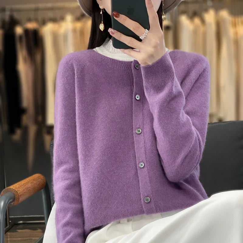 Damen Rundhals Knopfleiste Strick Cardigan
