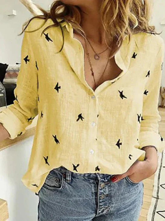 Pippa | Damen Bluse Vogelprint Langarm Knopfleiste