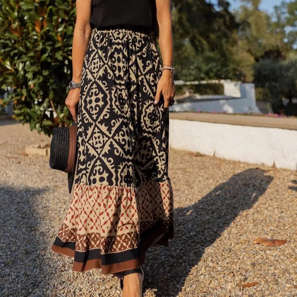 Ines | Damen Maxirock Boho Ornamentmuster High Waist Sommer