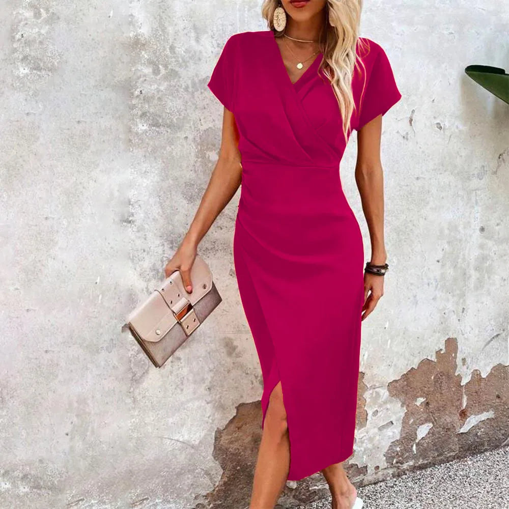 Damen Festliches Hochzeitsgast Wickel Midikleid