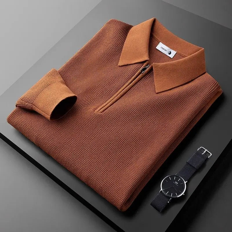 Herren Halbreißverschluss Slim Fit Strick-Poloshirt