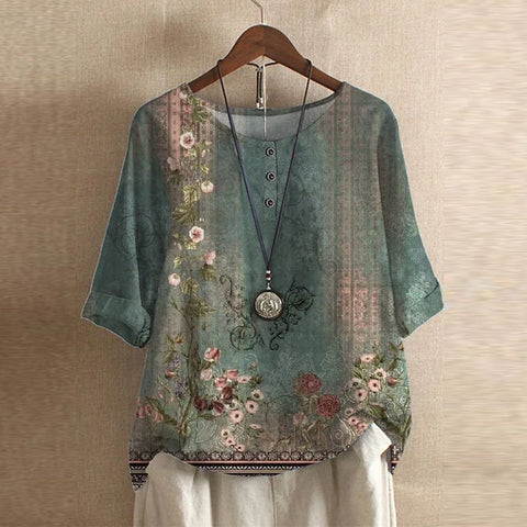 Damen Vintage Bedruckt Kurzarm Bluse