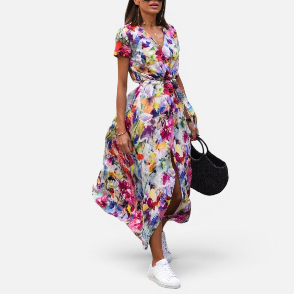 Maxikleid Wickeloptik Blumenmuster V Ausschnitt Kurzarm
