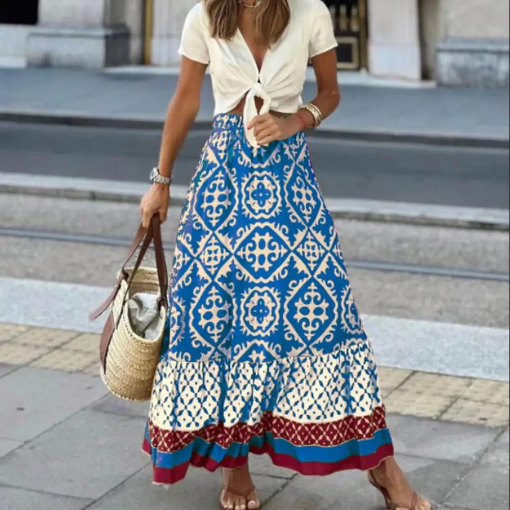 Ines | Damen Maxirock Boho Ornamentmuster High Waist Sommer