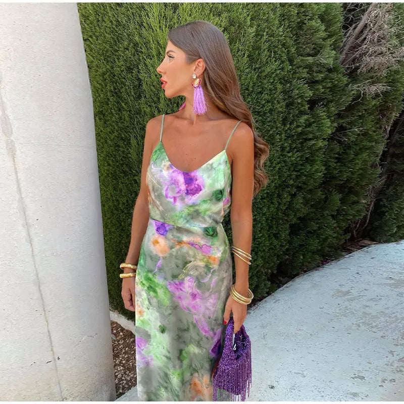 Damen Maxikleid Bunt mit Schal und Halo-Dye-Print