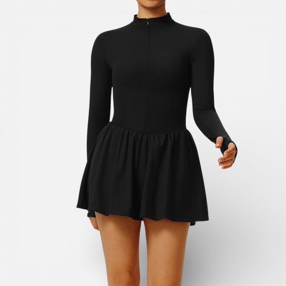 Damen Langarm Sportkleid mit Stehkragen und Integrierter Shorts