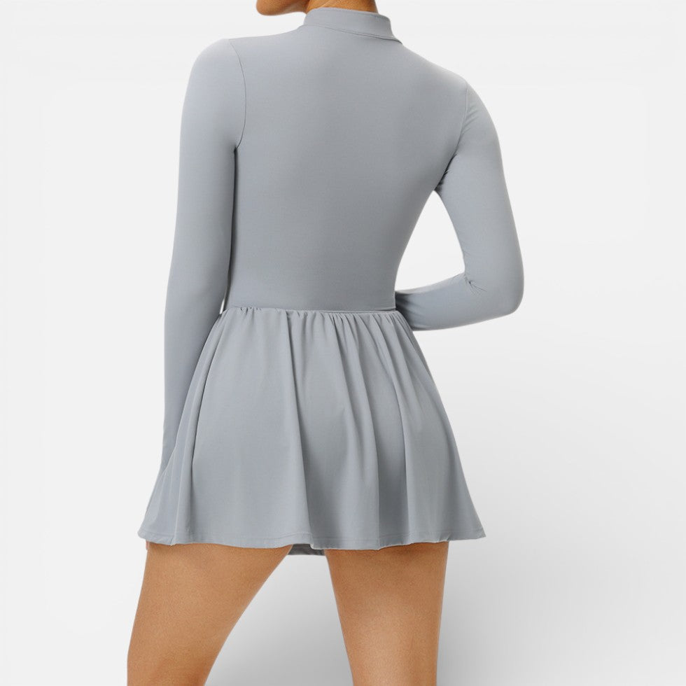 Damen Langarm Sportkleid mit Stehkragen und Integrierter Shorts