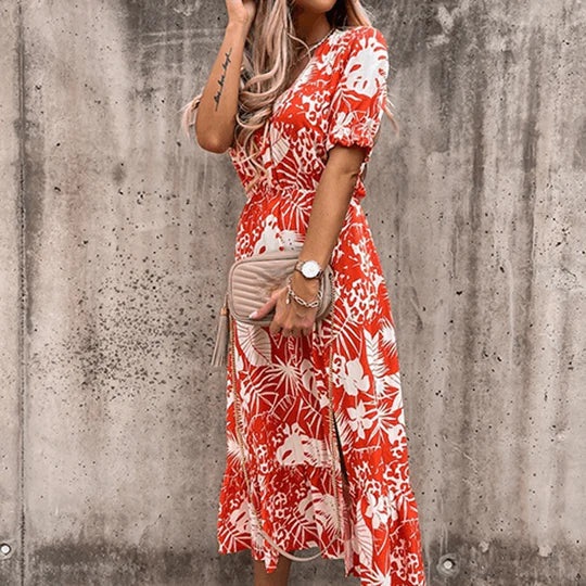 Maja | Damen Sommerkleid Blumenmuster V-Ausschnitt Schlitz