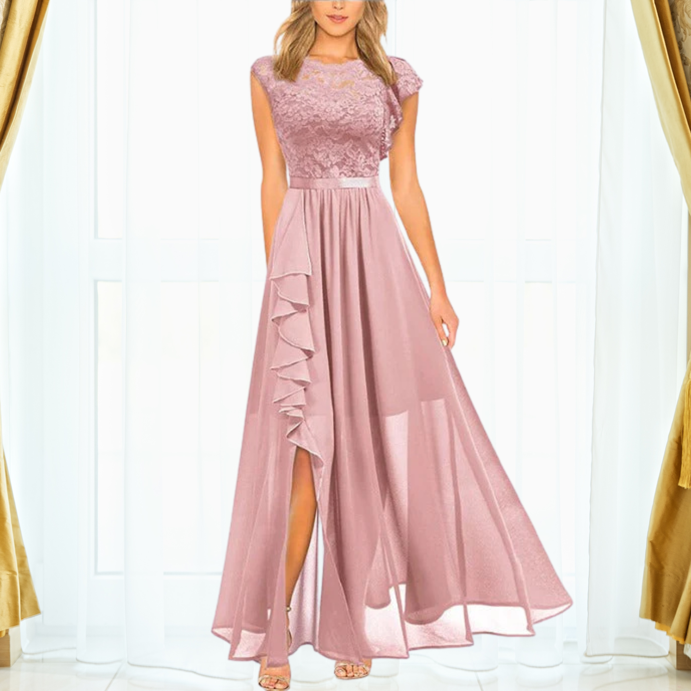 Rona | Damen Spitze Maxi Kleid Abendkleid Chiffon Schlitz Gala