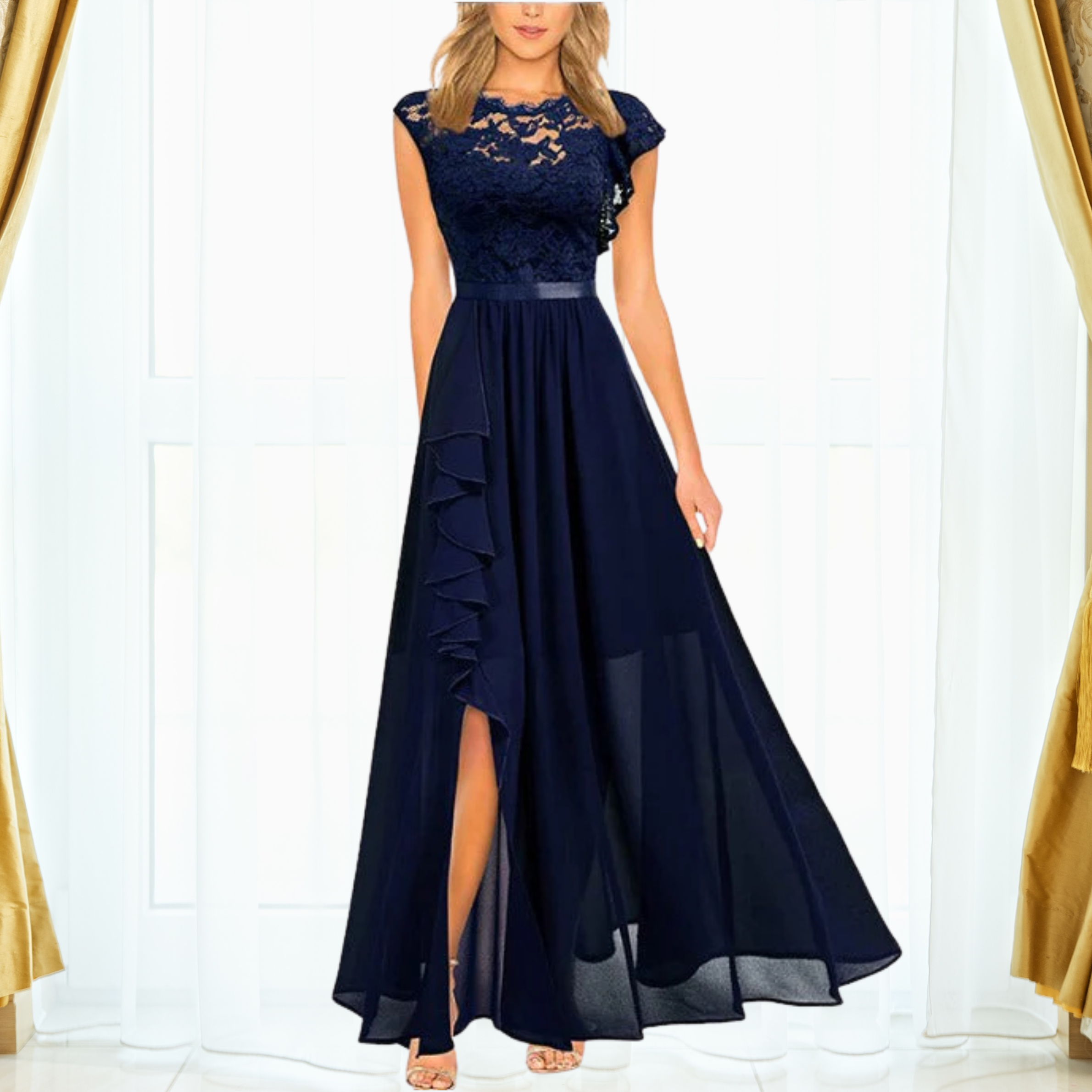 Rona | Damen Spitze Maxi Kleid Abendkleid Chiffon Schlitz Gala