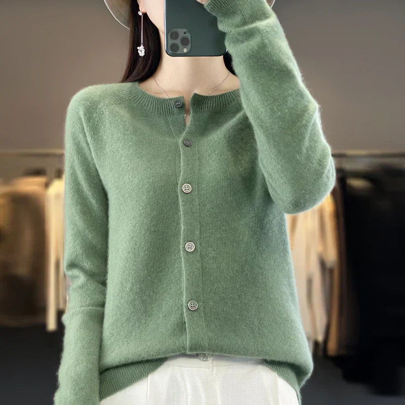 Damen Rundhals Knopfleiste Strick Cardigan