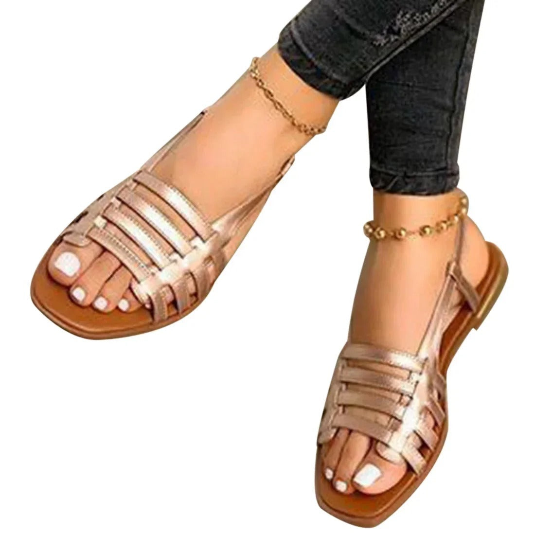 Sandalen Damen Flach | Römer-Riemchen & Metallic-Look