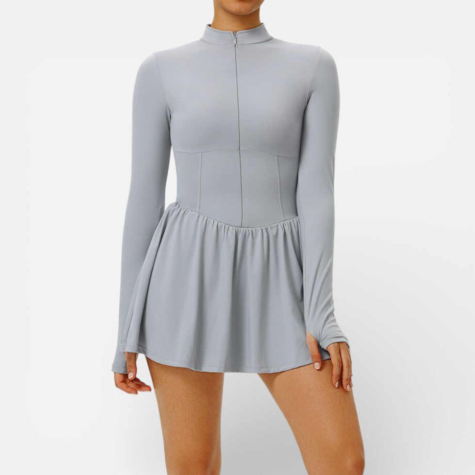 Damen Langarm Sportkleid mit Stehkragen und Integrierter Shorts