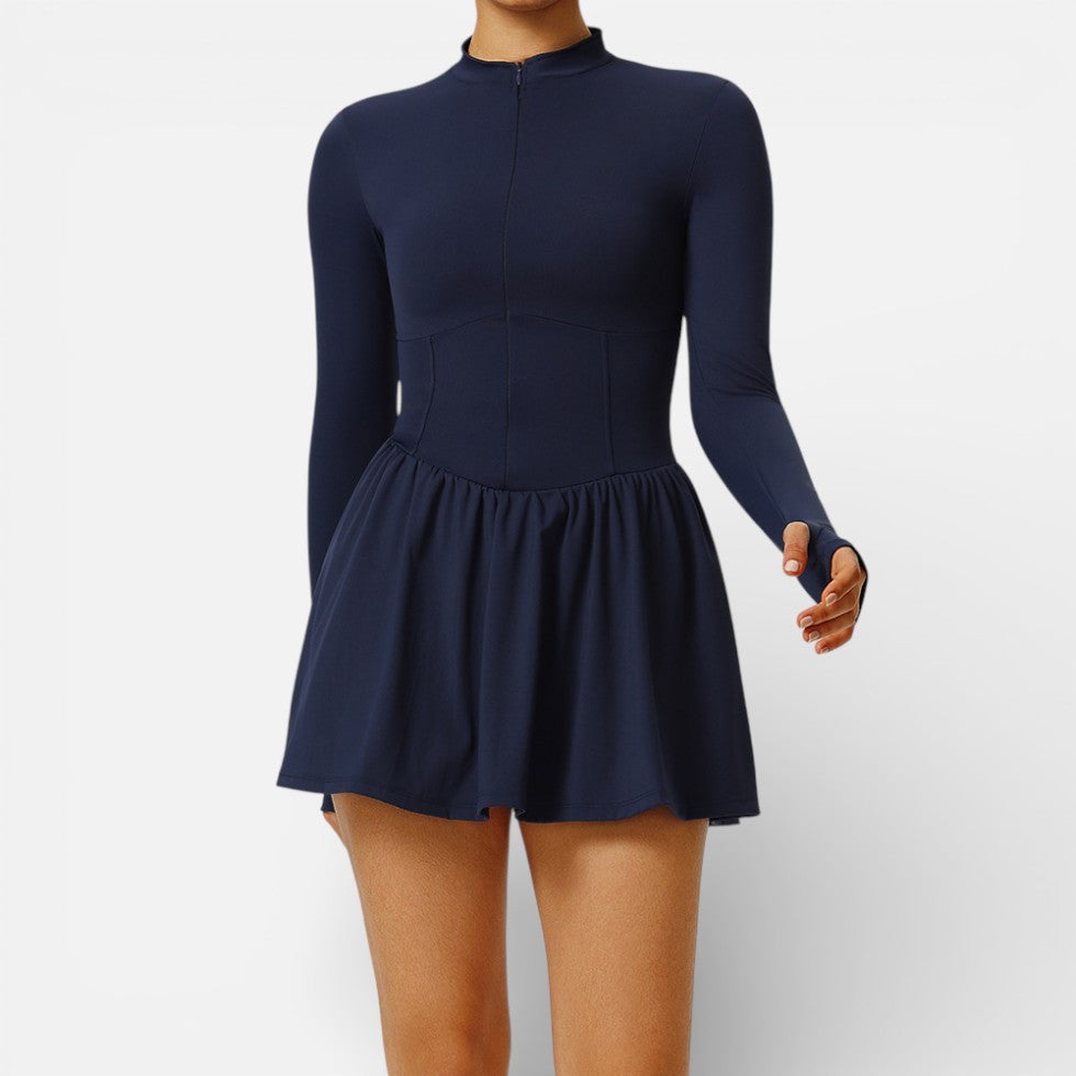 Damen Langarm Sportkleid mit Stehkragen und Integrierter Shorts