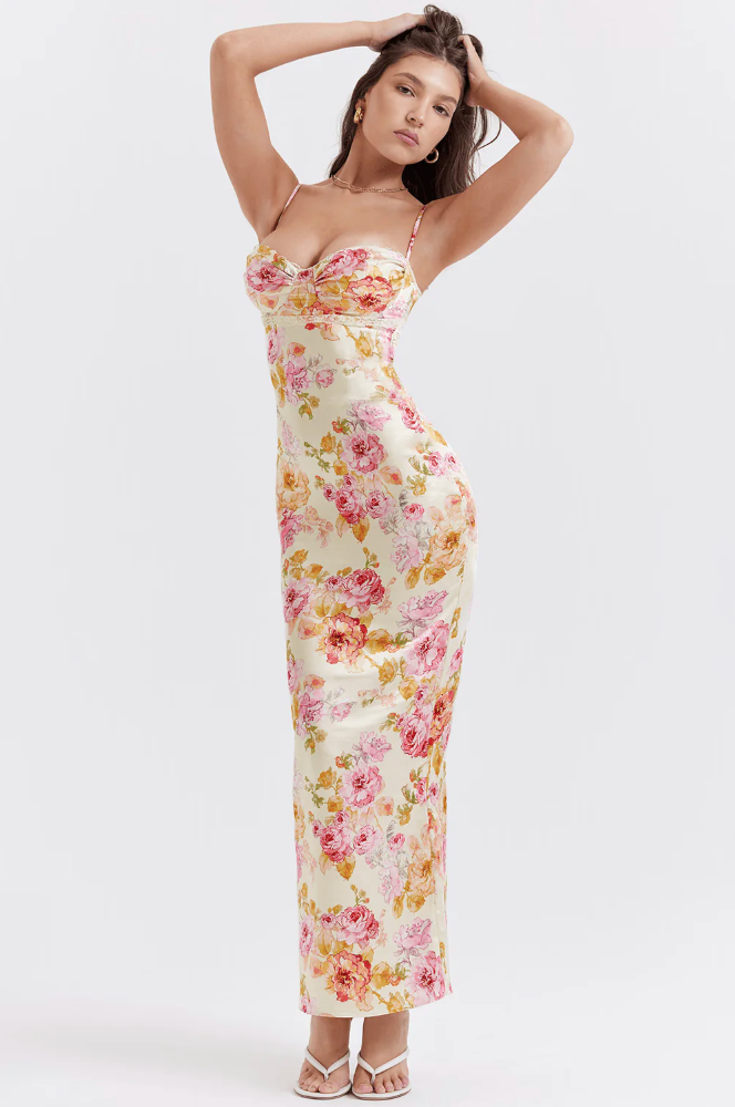Damen Geblümtes Träger Hochzeitsgast Maxi Kleid