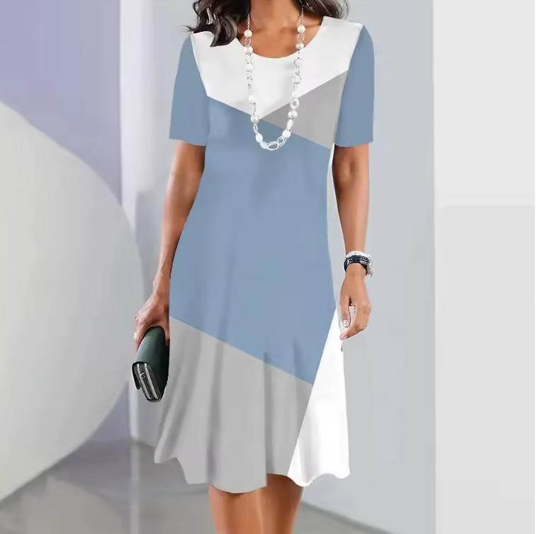 Wren | Damen Midi Kleid Kurzarm Colorblock Rundhals Sommerkleid