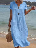 Fiona | Damen Sommer Maxi Strandkleid mit Knopfleiste
