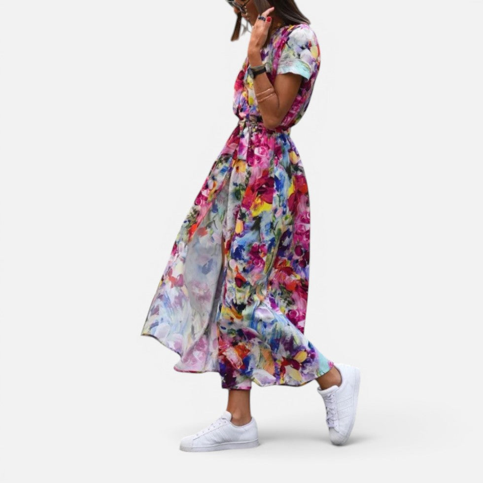 Maxikleid Wickeloptik Blumenmuster V Ausschnitt Kurzarm