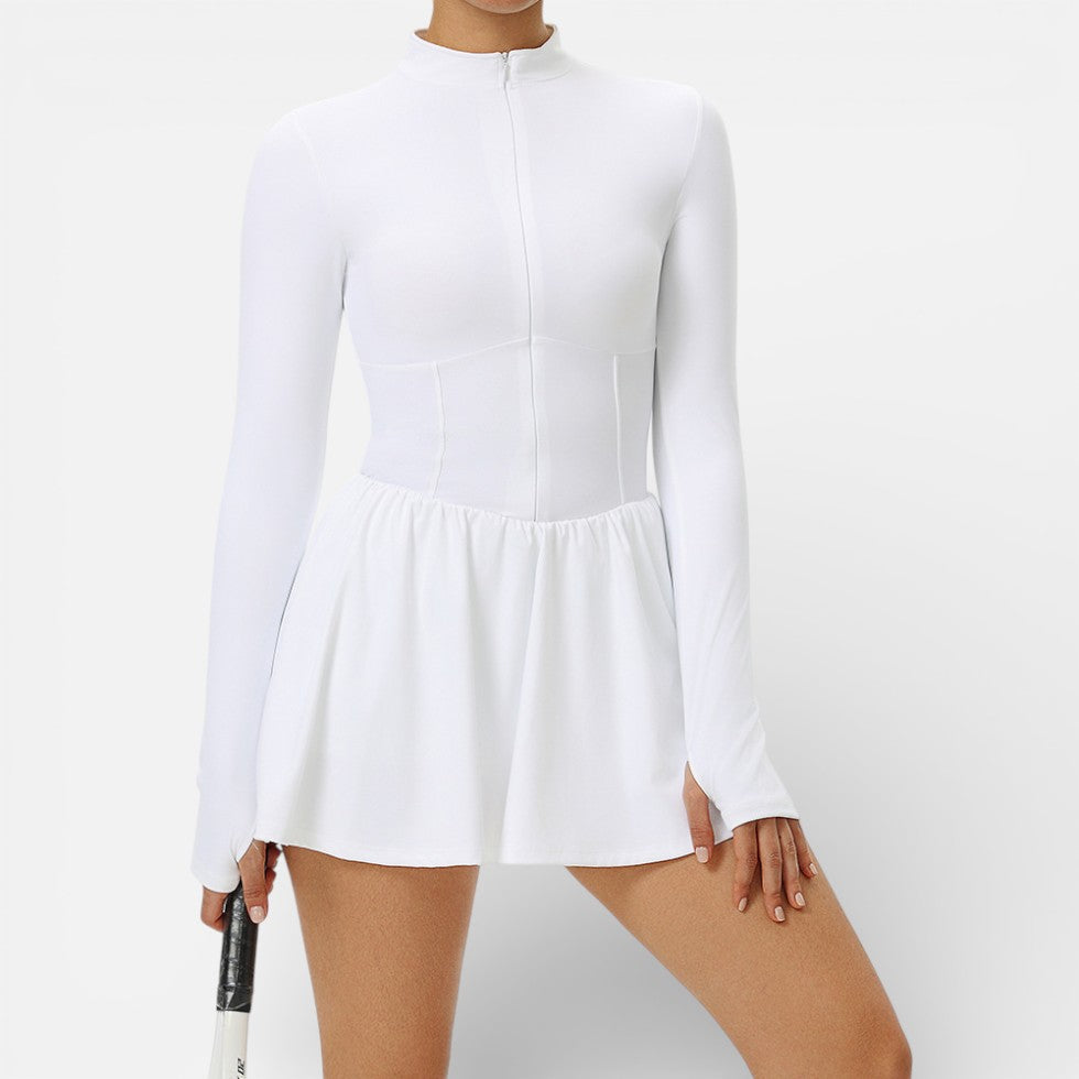 Damen Langarm Sportkleid mit Stehkragen und Integrierter Shorts
