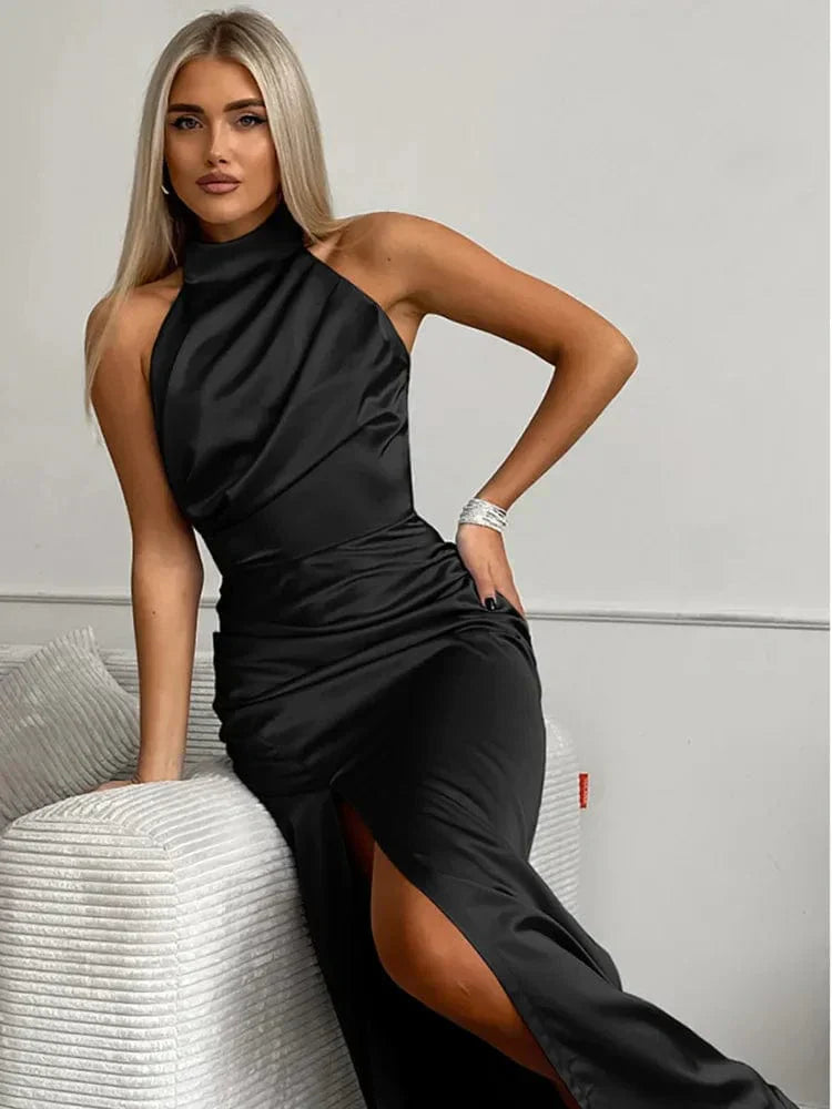 Damen Elegant Satin Halterneck Maxi Kleid