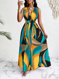 Nina | Damen Maxi-Kleid V-Ausschnitt Colorblock Print Elegant