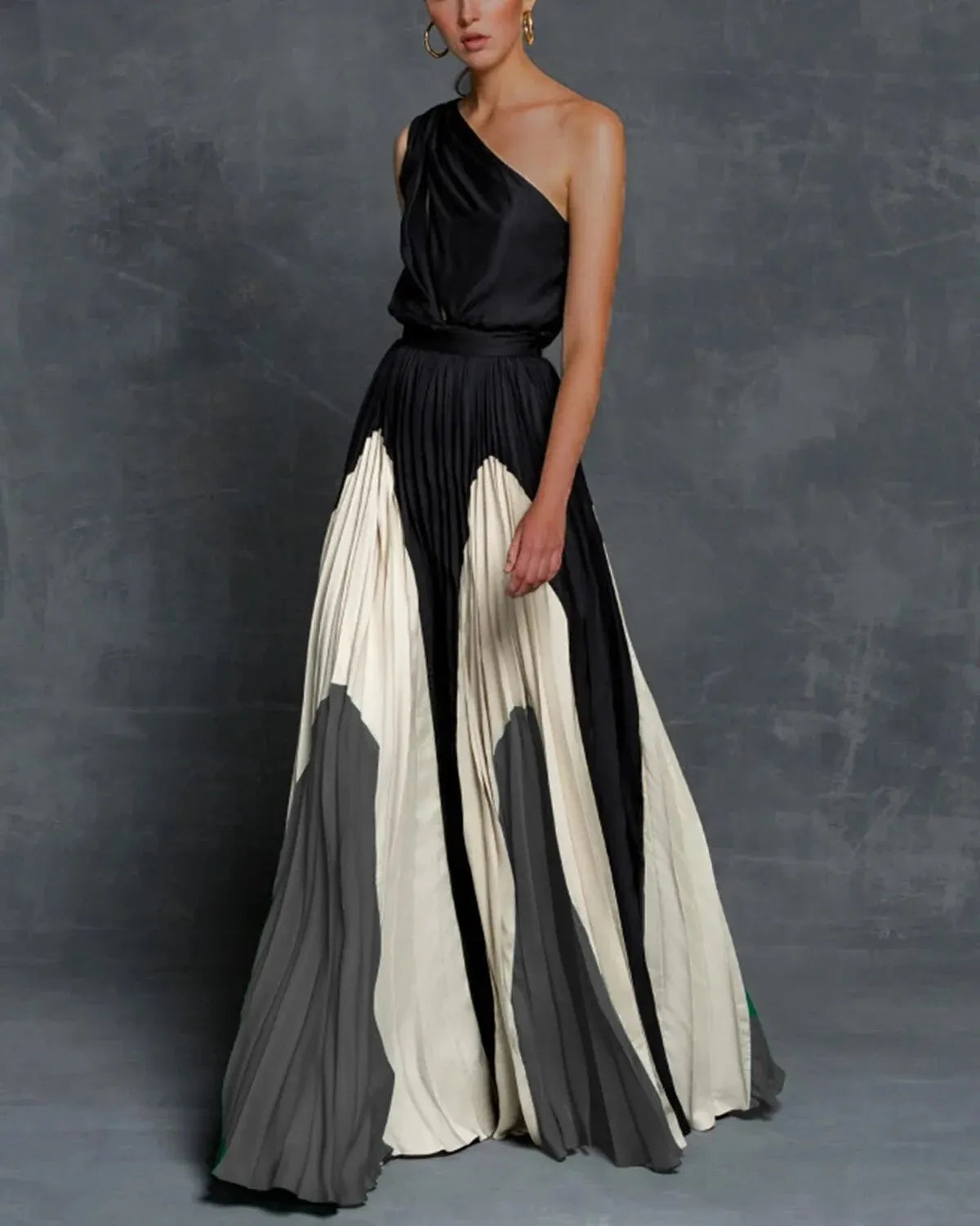 Valentina | Damen Maxikleid One-Shoulder Plisseerock Colorblock