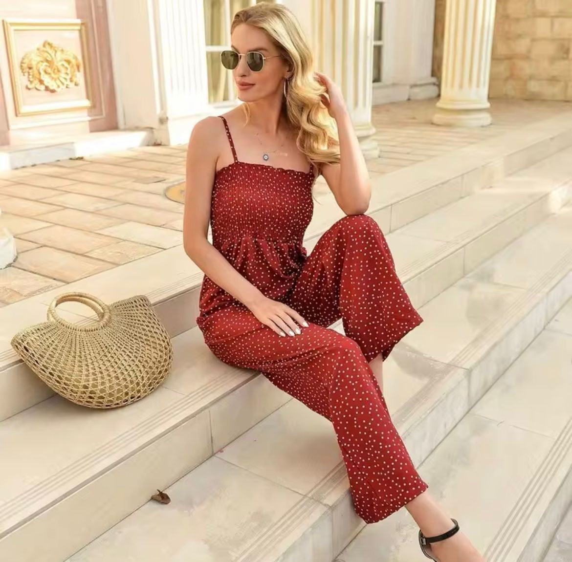 Sommer Jumpsuit Damen | Spaghettiträger & Smok-Oberteil