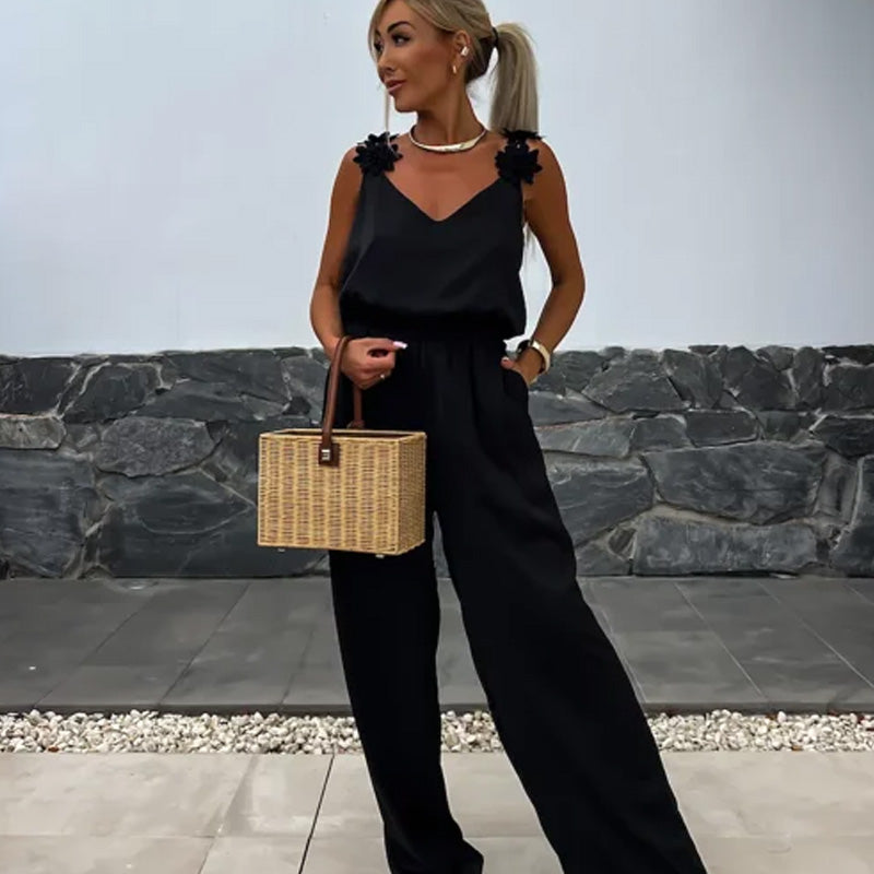 Sommer Jumpsuit Damen | V-Ausschnitt & Blumen-Applikation