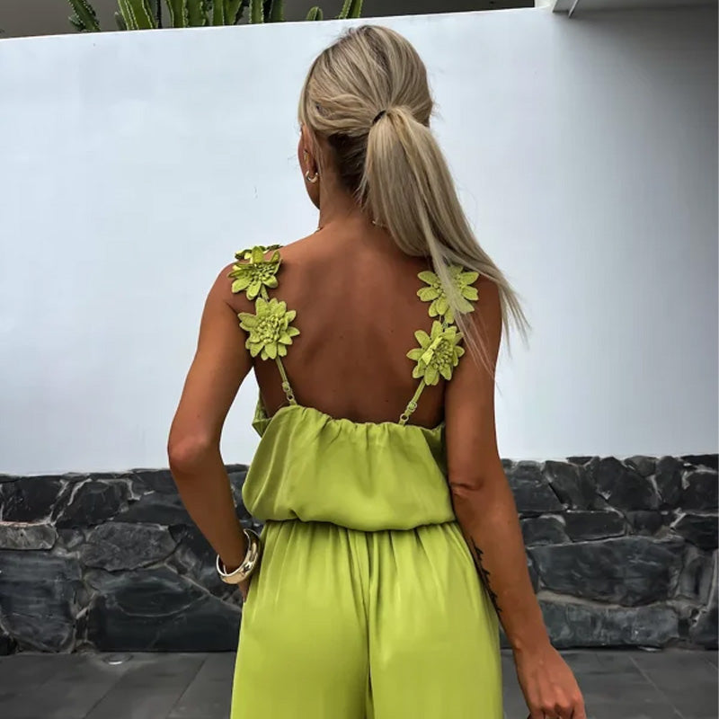 Sommer Jumpsuit Damen | V-Ausschnitt & Blumen-Applikation