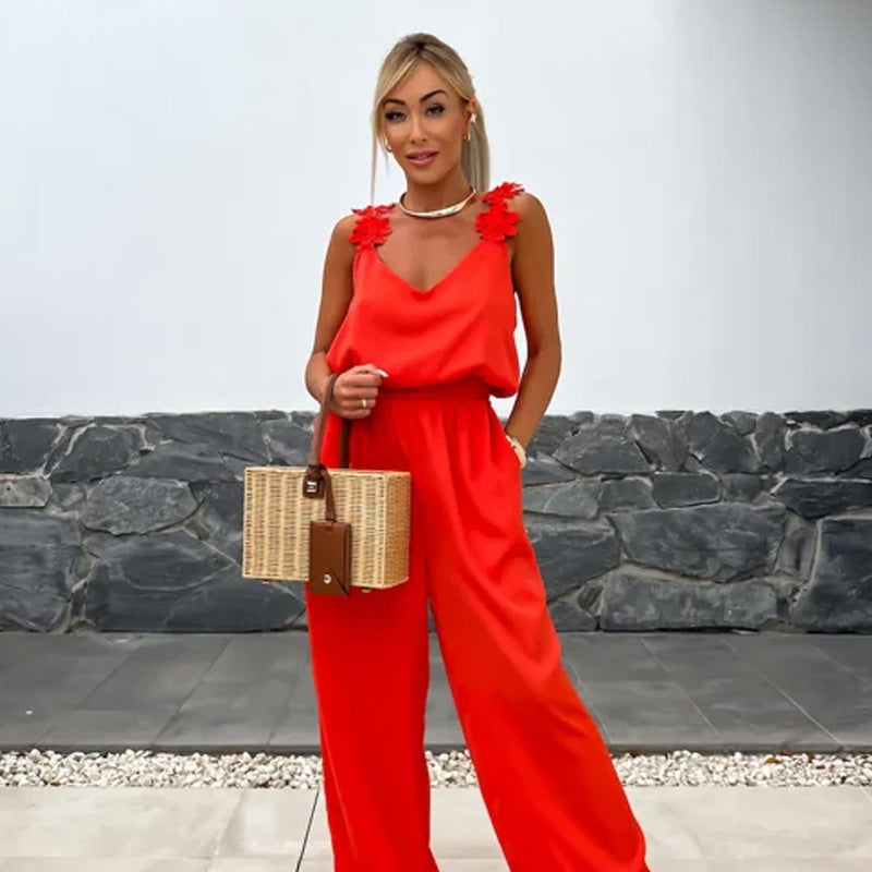 Sommer Jumpsuit Damen | V-Ausschnitt & Blumen-Applikation