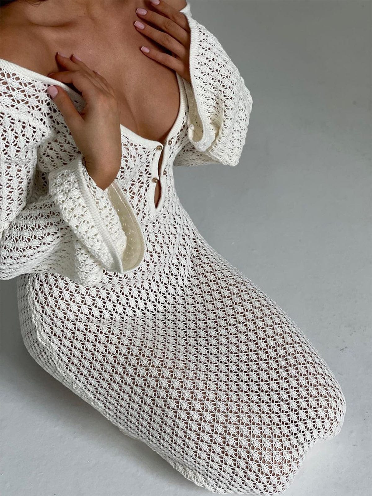 Sommer Kleid Damen | Häkel-Maxi & Glockenärmel mit V-Ausschnitt