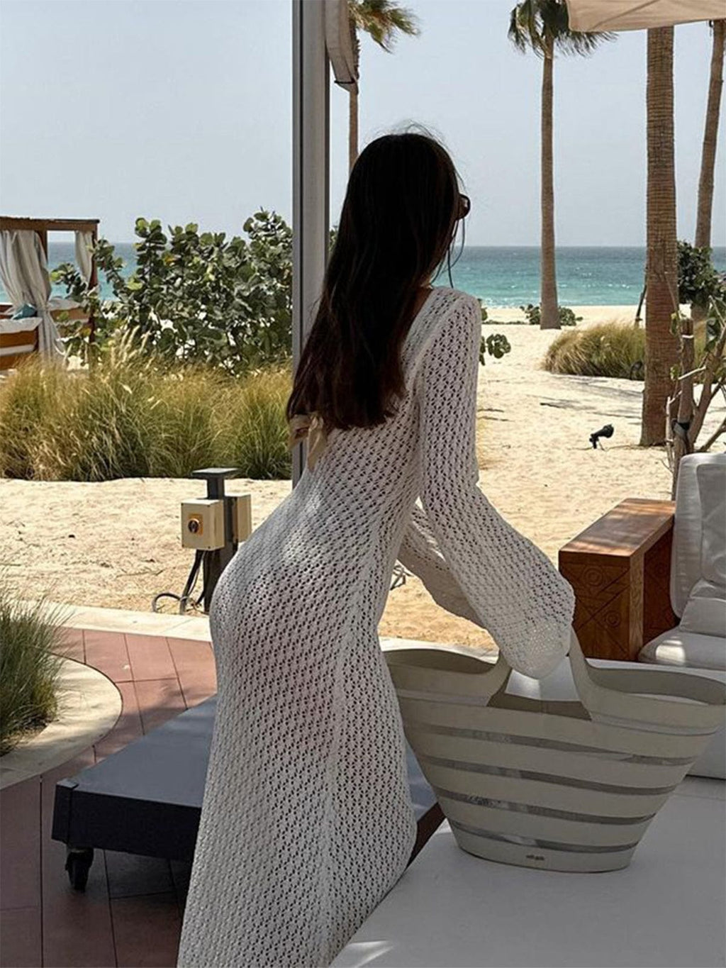 Sommer Kleid Damen | Häkel-Maxi & Glockenärmel mit V-Ausschnitt