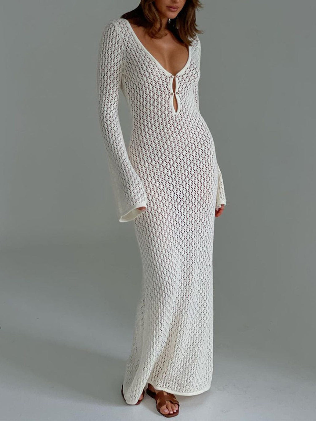 Sommer Kleid Damen | Häkel-Maxi & Glockenärmel mit V-Ausschnitt