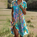 Sommer Midi Kleid Damen | Blumenmuster, V-Ausschnitt & lockere Passform