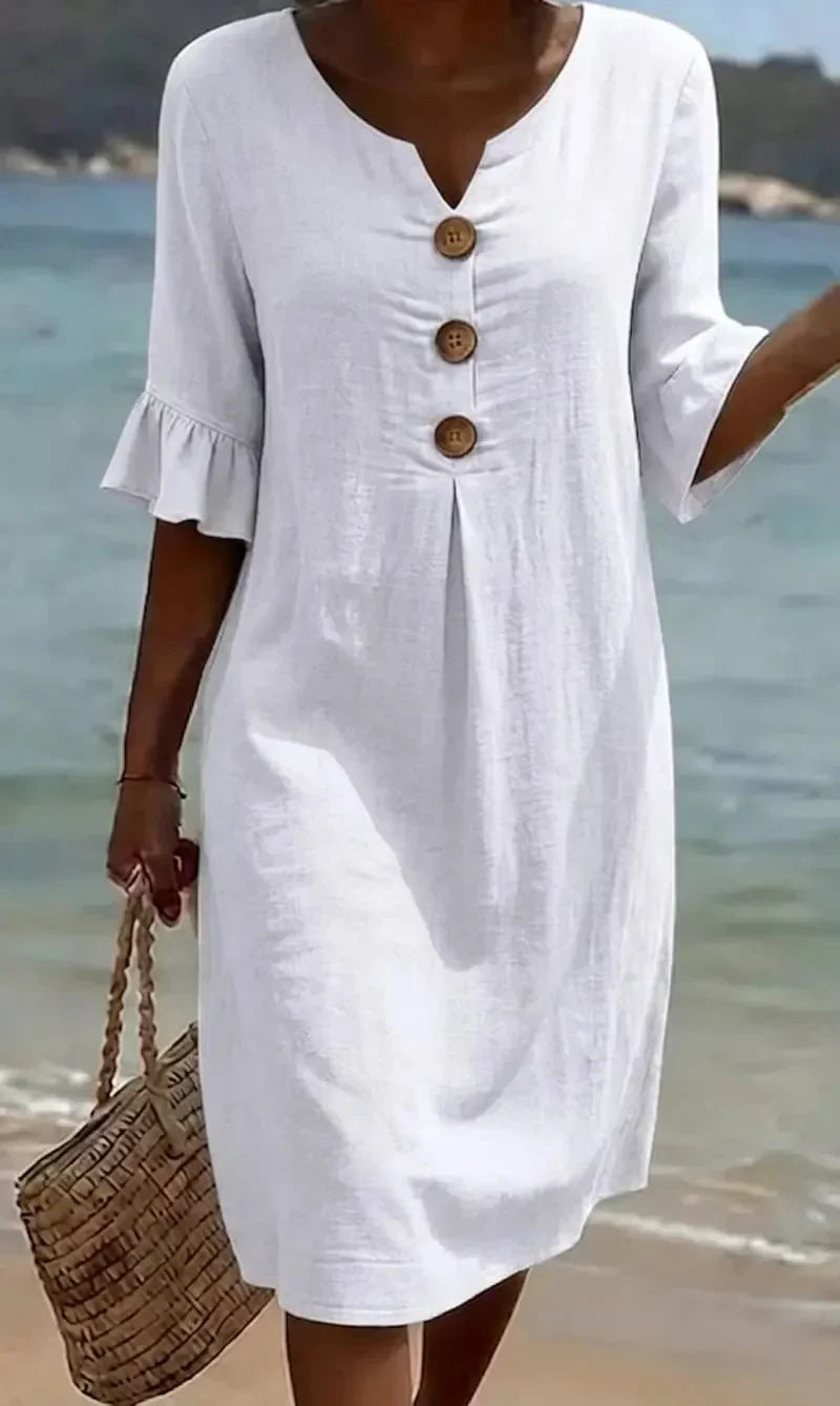 Sommer Midi Kleid Damen | Leinenlook mit Holzknöpfen & Rüschenärmeln