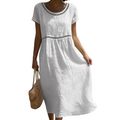 Sommer Midi Kleid Damen | Leinenlook mit Spitzenbesatz & A-Linie