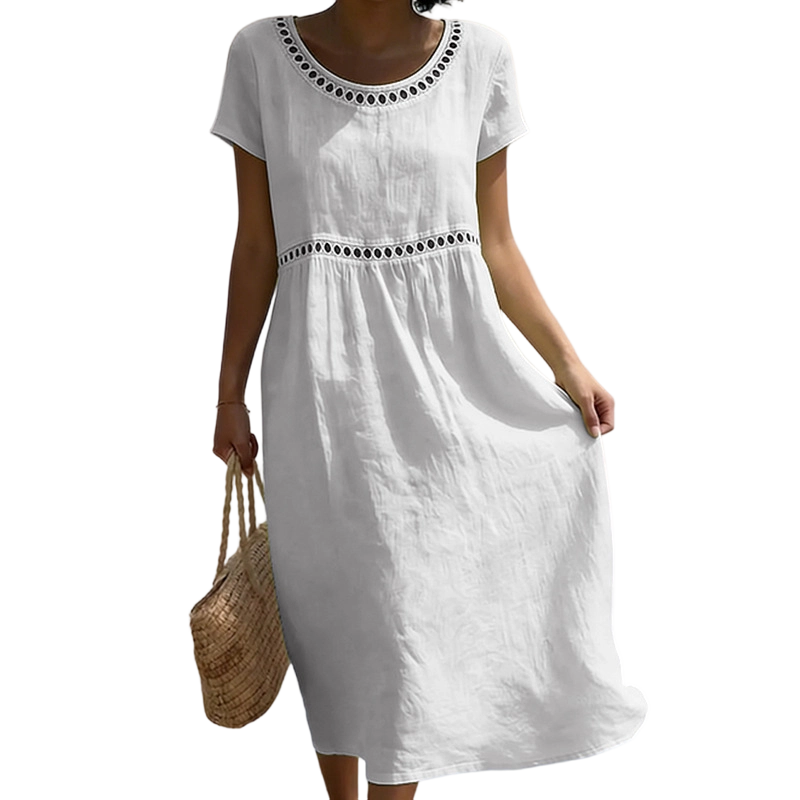Sommer Midi Kleid Damen | Leinenlook mit Spitzenbesatz & A-Linie