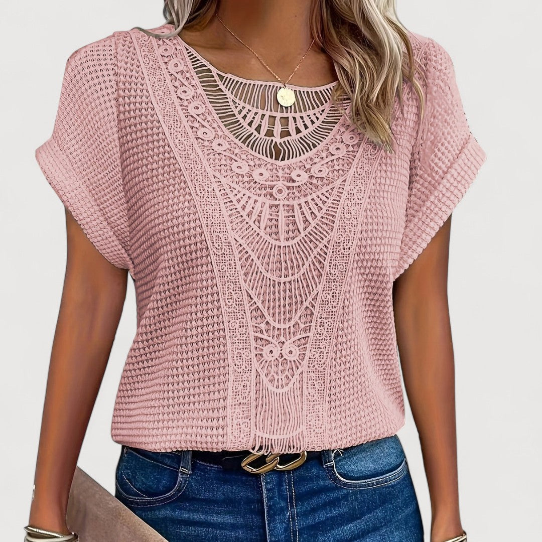 Sommer T Shirt Damen | Häkel-Spitzenpanel & Strukturiertes Waffelstrick-Oberteil