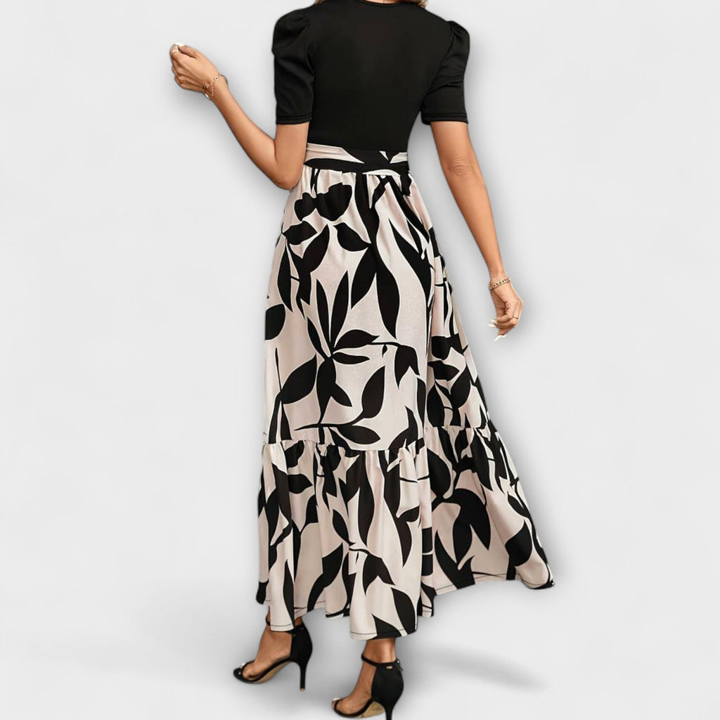 Maxikleid Damen | Elegant Zweifarbig mit Blattdruck & Bindegürtel