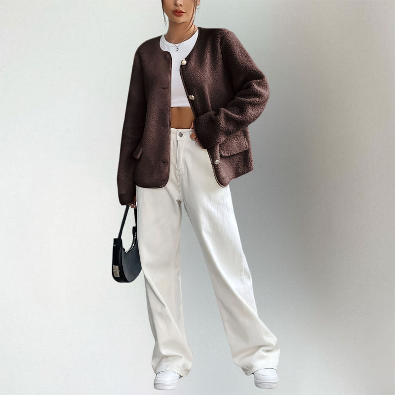 Strickjacke Damen | Kragenlos & Zierknöpfe mit Taschen