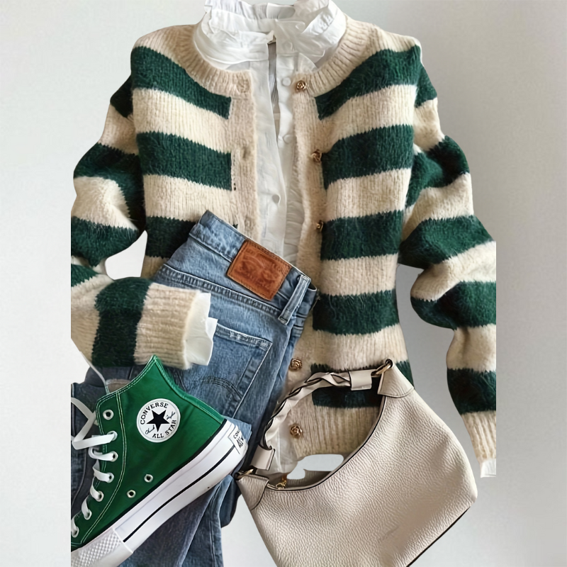 Strickjacke Damen | Streifendesign & Knopfleiste