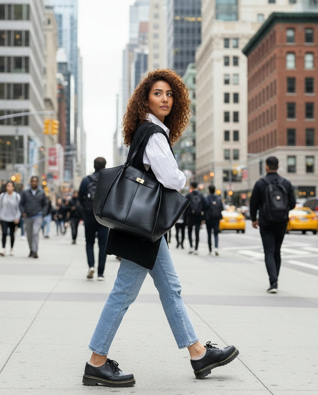 Große Damen Shopper Tasche mit Henkel und goldenem Drehverschluss