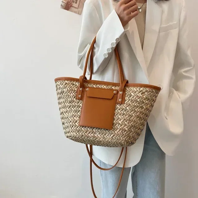 Marlene | Damen Sommer geflochtene Stroh Schultertasche mit Lederdetails