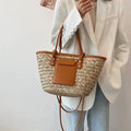 Marlene | Damen Sommer geflochtene Stroh Schultertasche mit Lederdetails