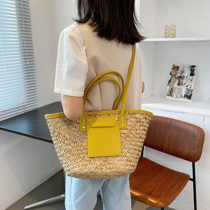 Marlene | Damen Sommer geflochtene Stroh Schultertasche mit Lederdetails