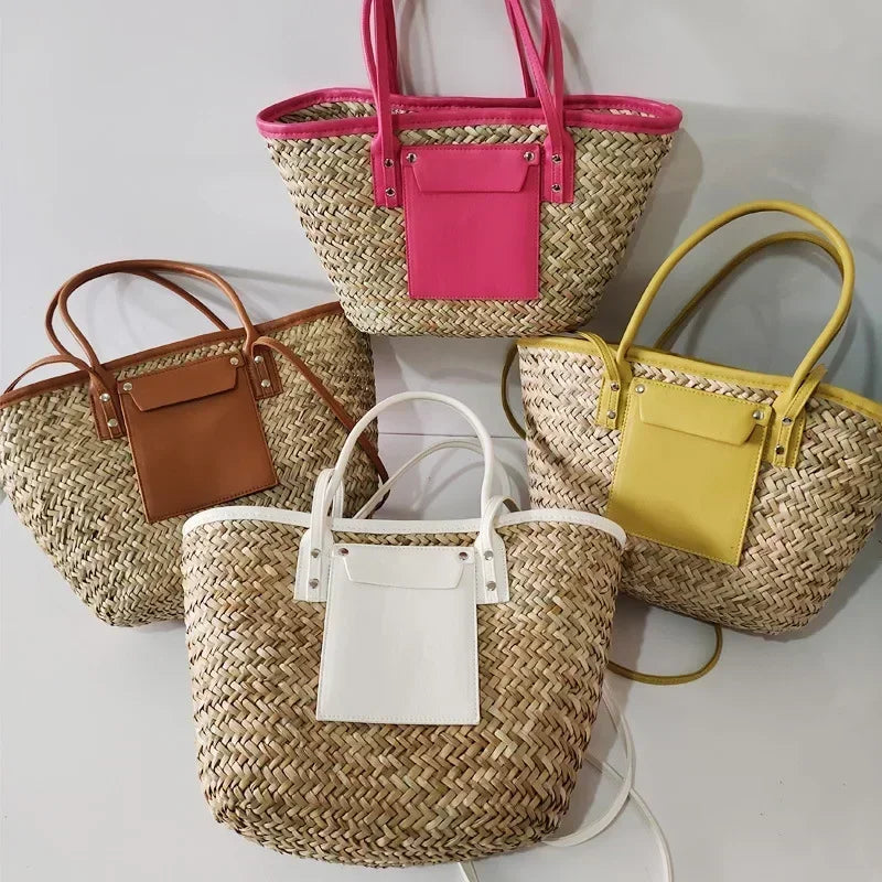 Marlene | Damen Sommer geflochtene Stroh Schultertasche mit Lederdetails